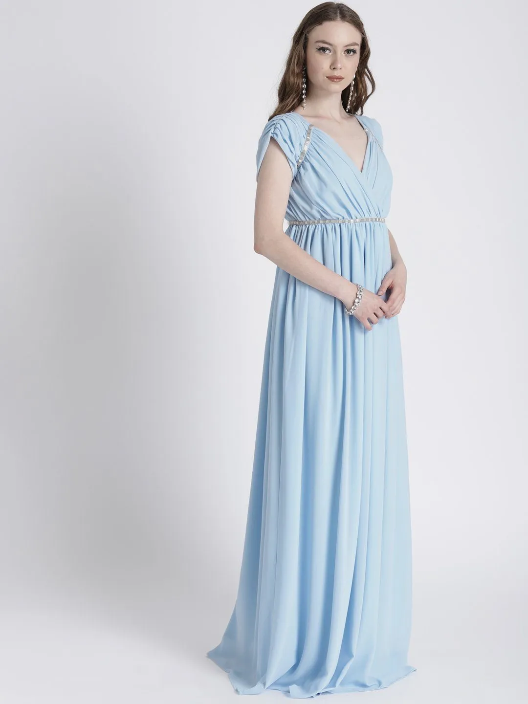 PASTEL Blue Gown with Shoulder & Waist Embellishment