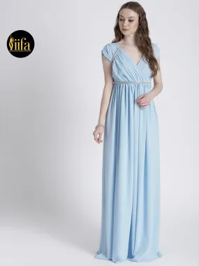 PASTEL Blue Gown with Shoulder & Waist Embellishment