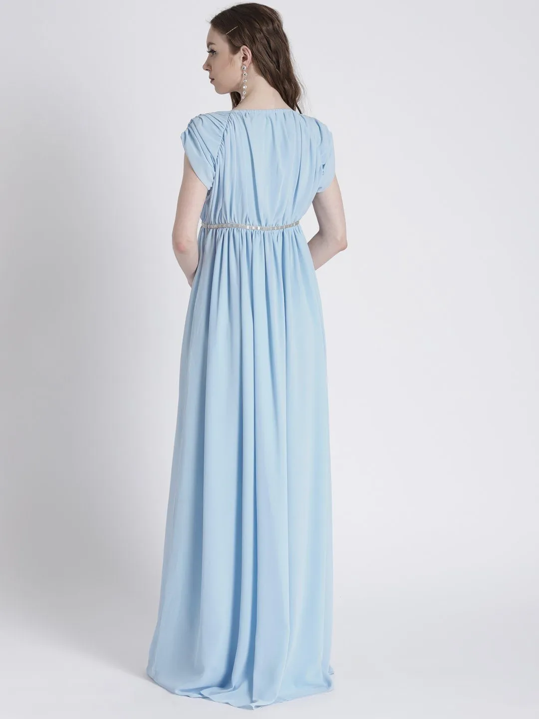 PASTEL Blue Gown with Shoulder & Waist Embellishment