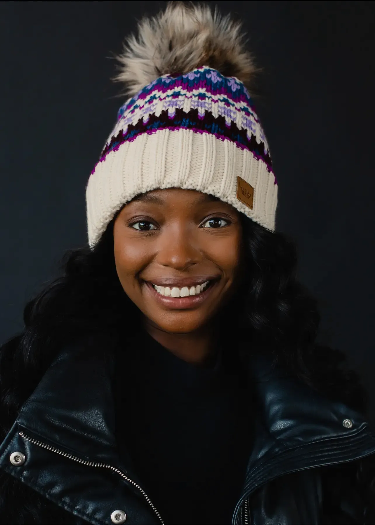 Patterned Knit Hat with Faux Fur pom