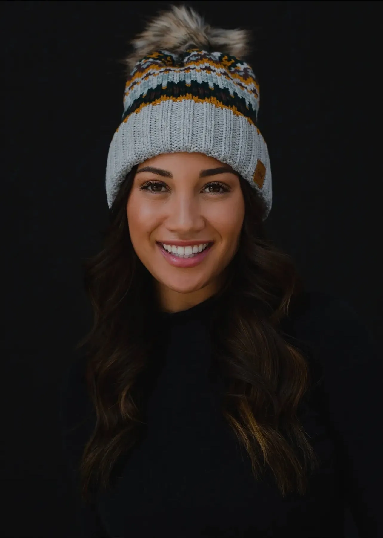 Patterned Knit Hat with Faux Fur pom