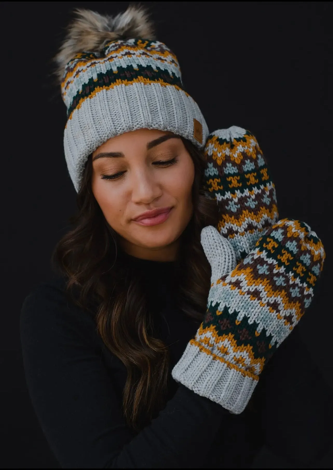 Patterned Knit Hat with Faux Fur pom