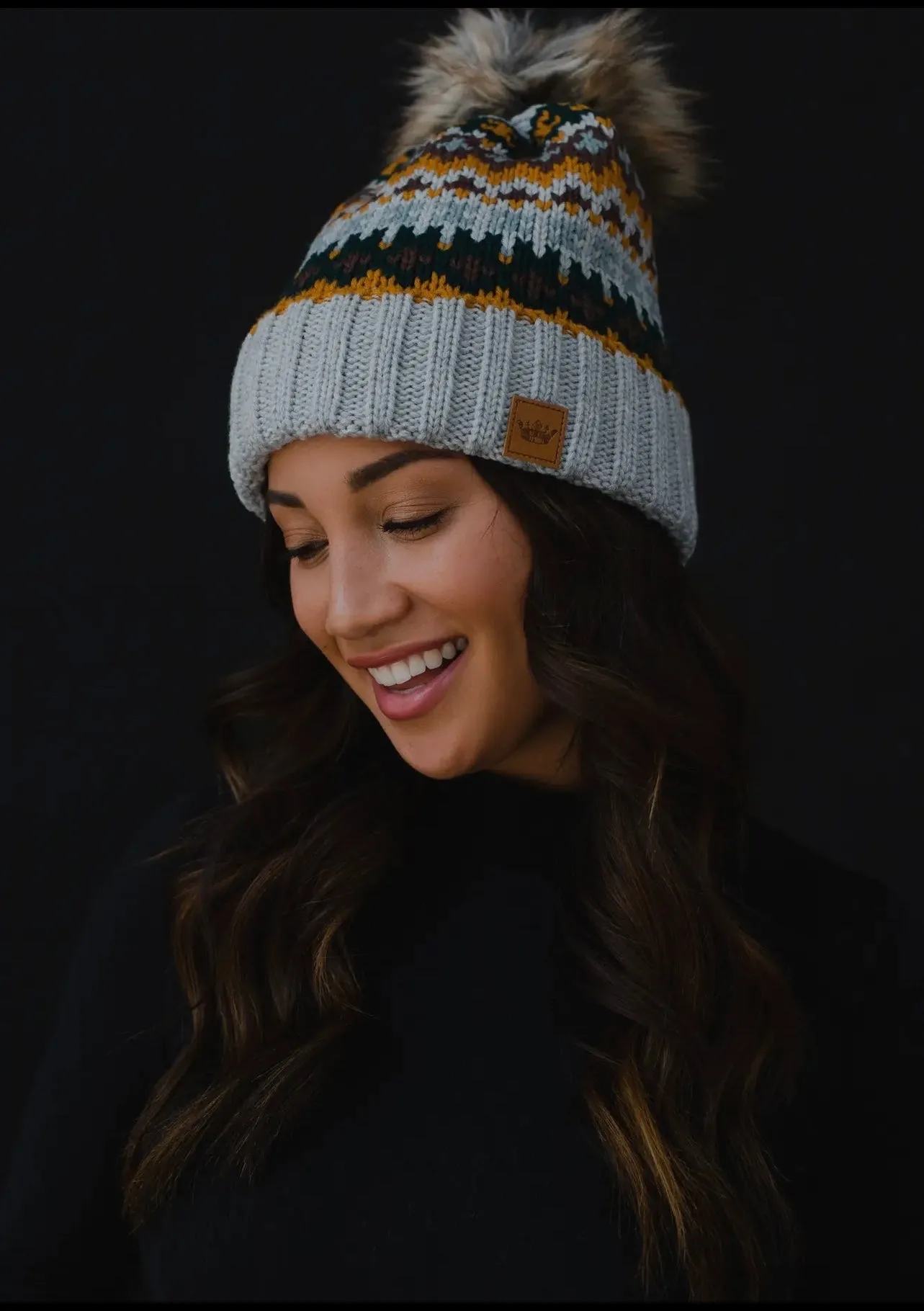 Patterned Knit Hat with Faux Fur pom