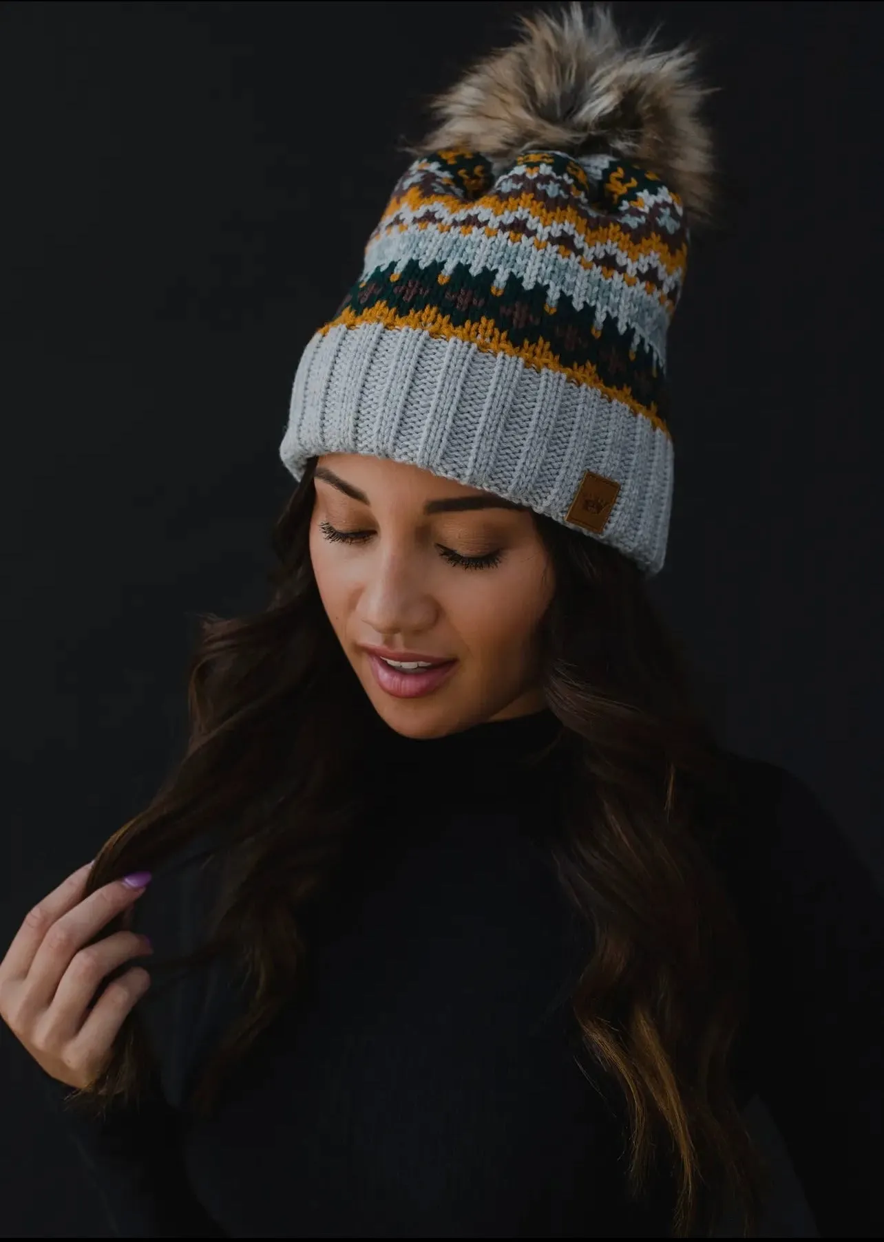 Patterned Knit Hat with Faux Fur pom