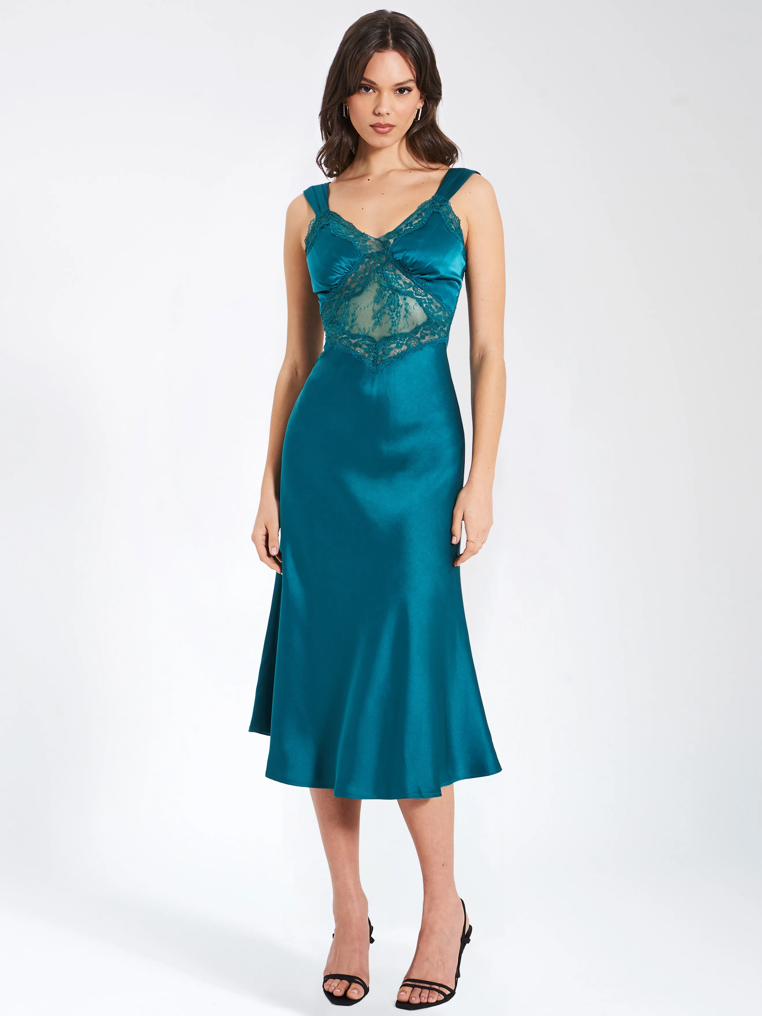 Perley Teal Satin and Lace Midi Dress