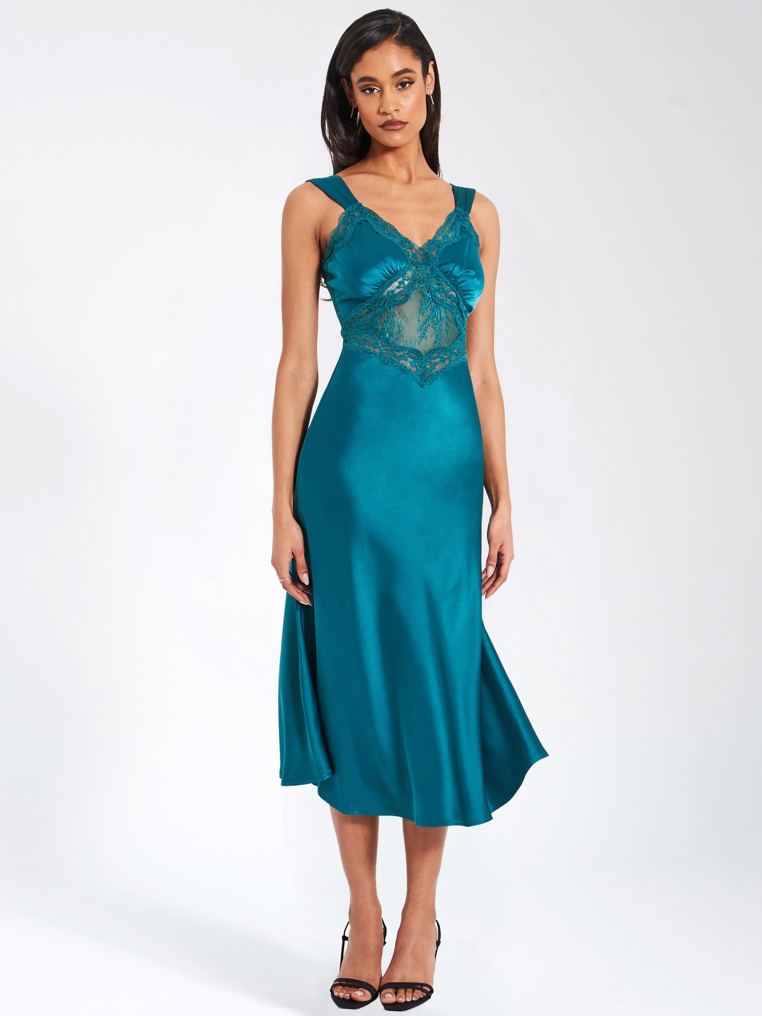 Perley Teal Satin and Lace Midi Dress