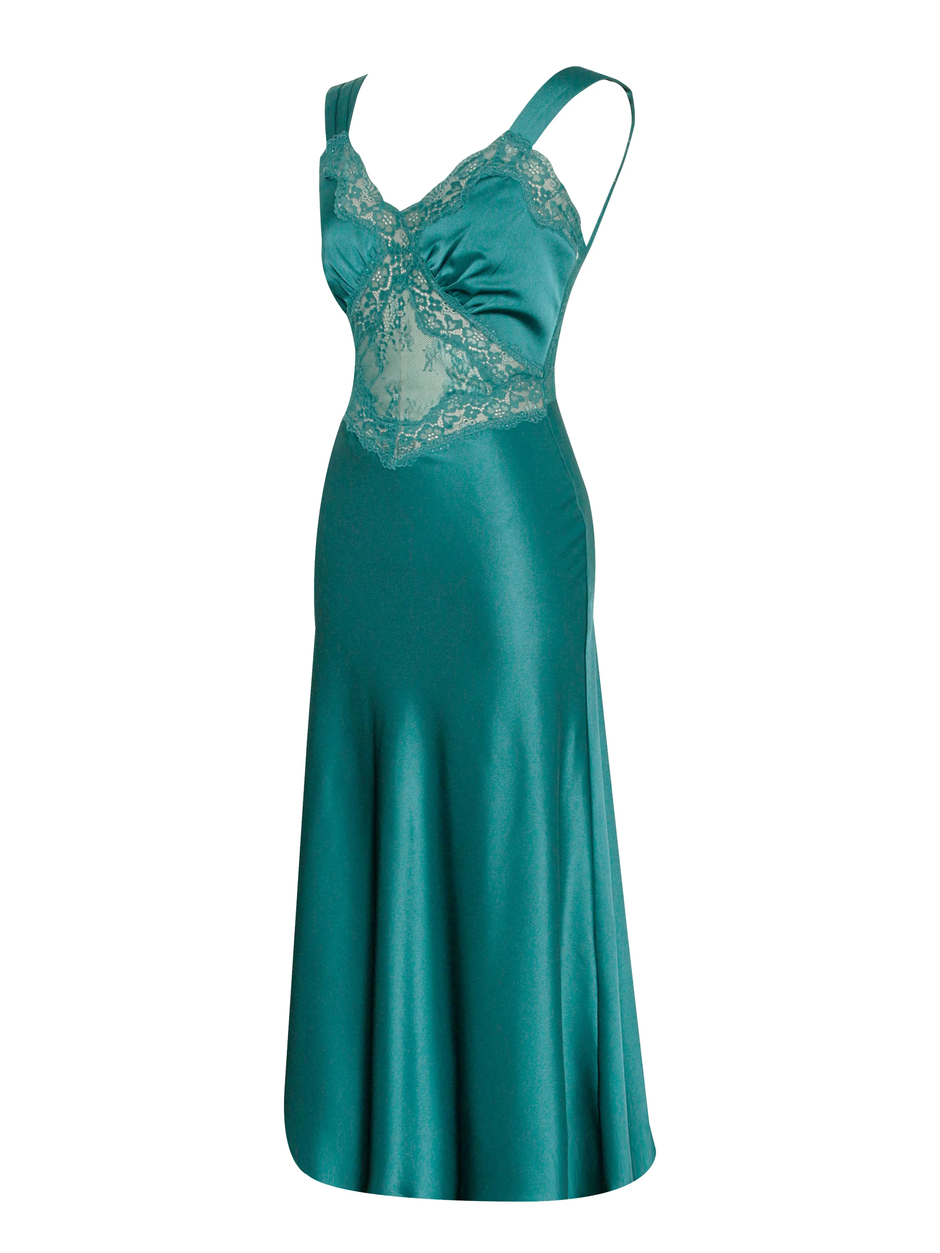 Perley Teal Satin and Lace Midi Dress