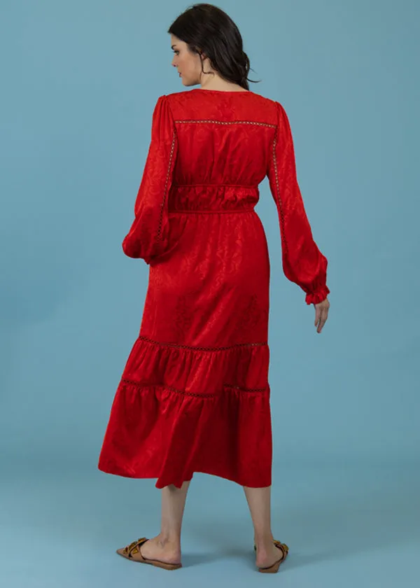 Crimson silk jacquard party dress