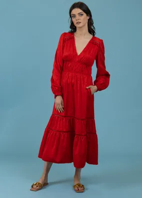 Crimson silk jacquard party dress