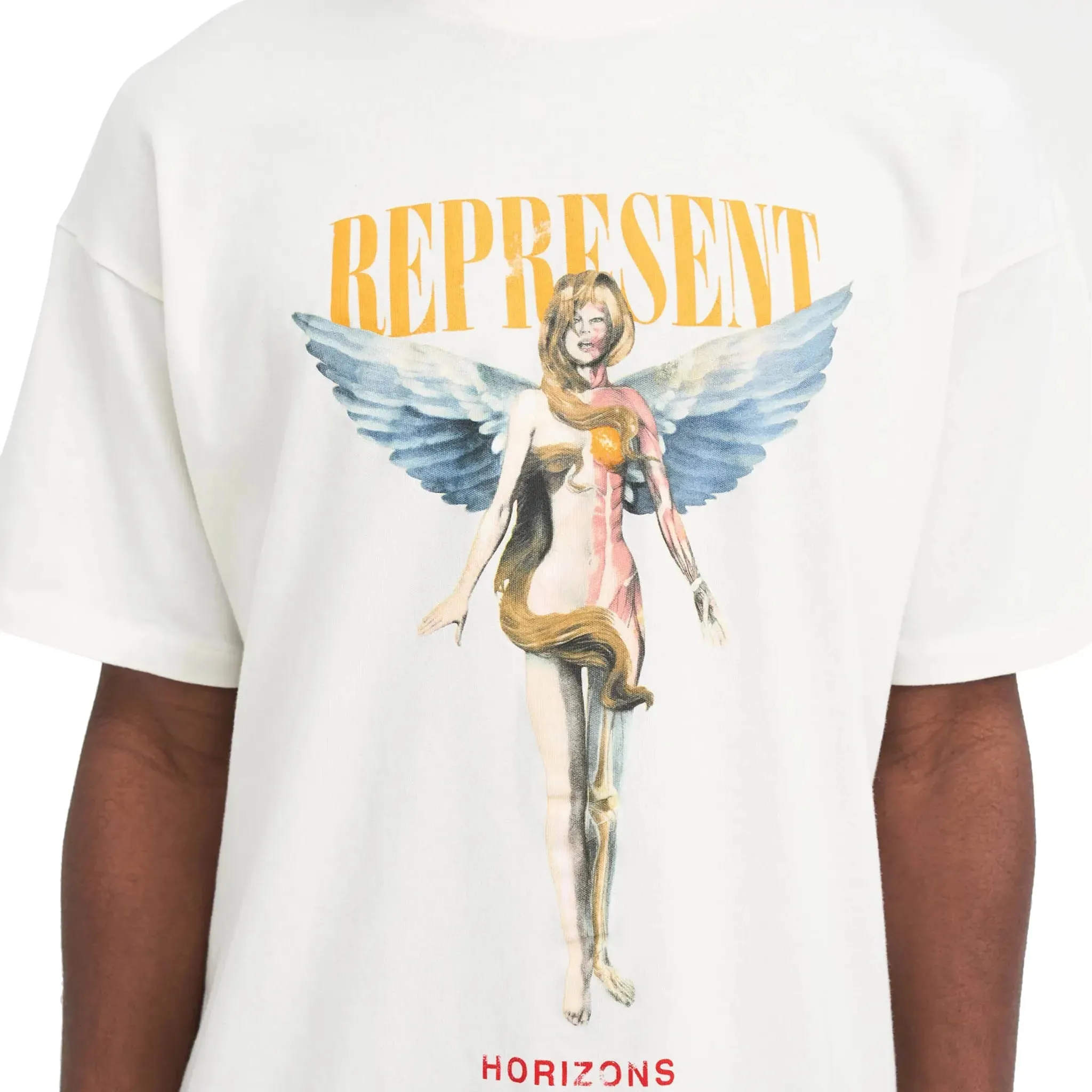 white t-shirt with flat design by Represent Reborn