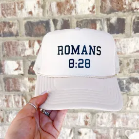 Christian trucker hat with Romans 8:28 verse