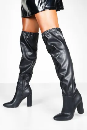 Ruched Block Heel Knee Boots