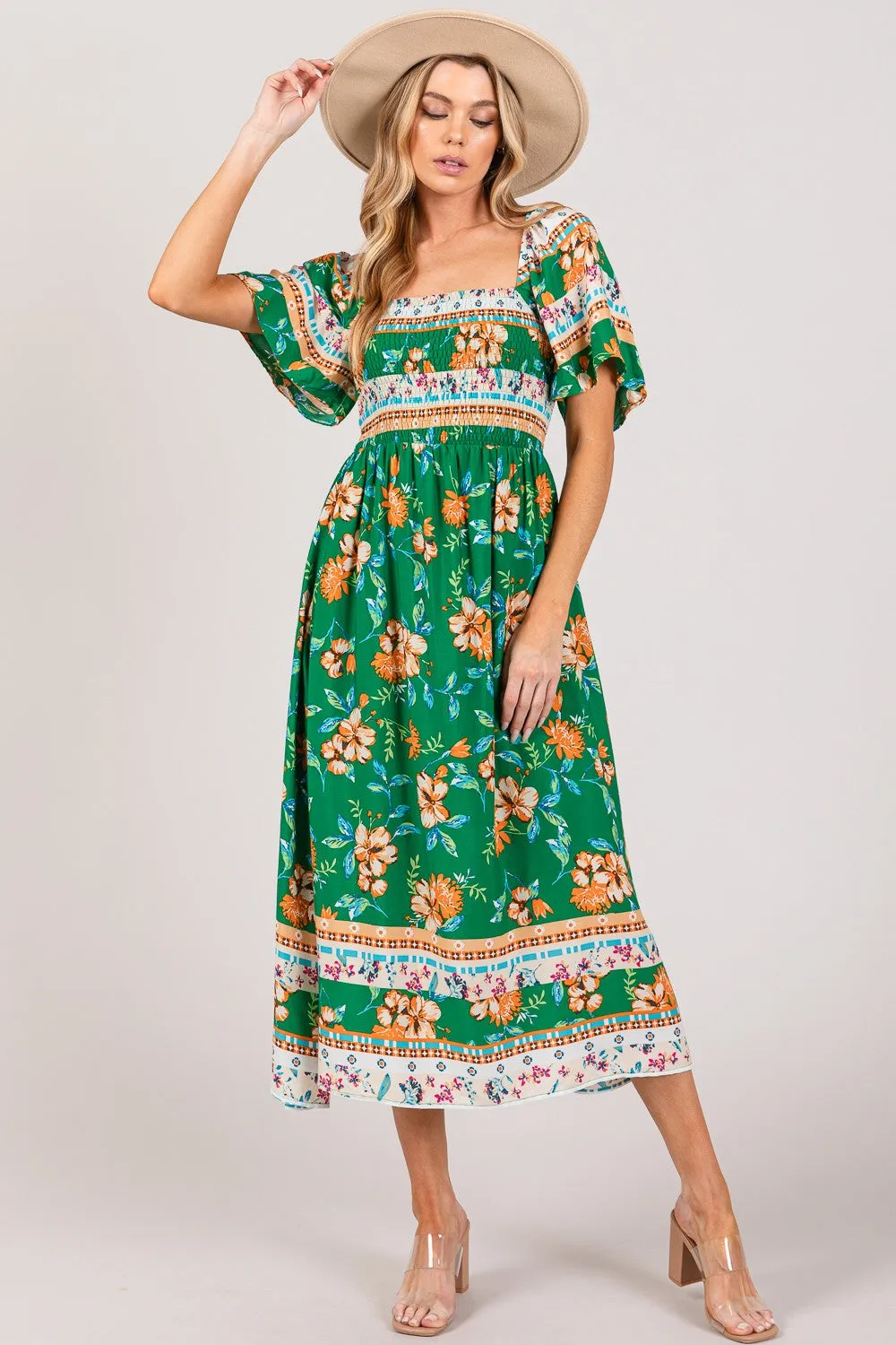 Sage Smocked Short Sleeve Midi Dress