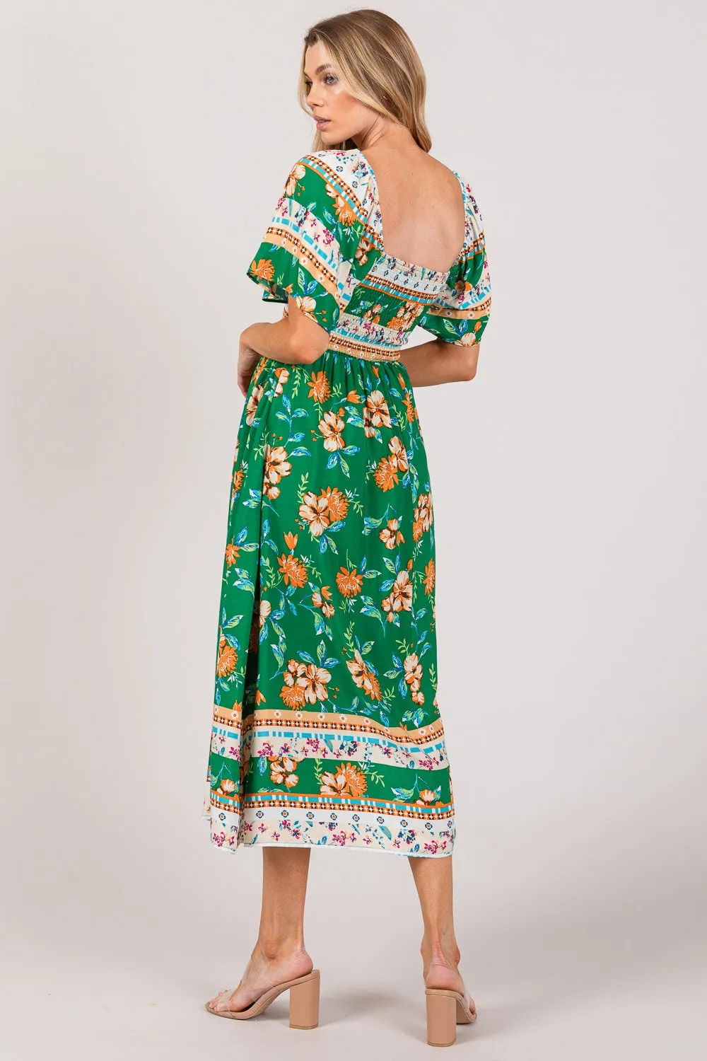 Sage Smocked Short Sleeve Midi Dress