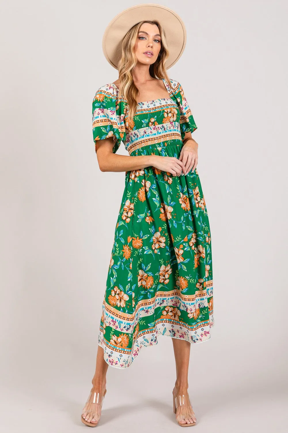 Sage Smocked Short Sleeve Midi Dress