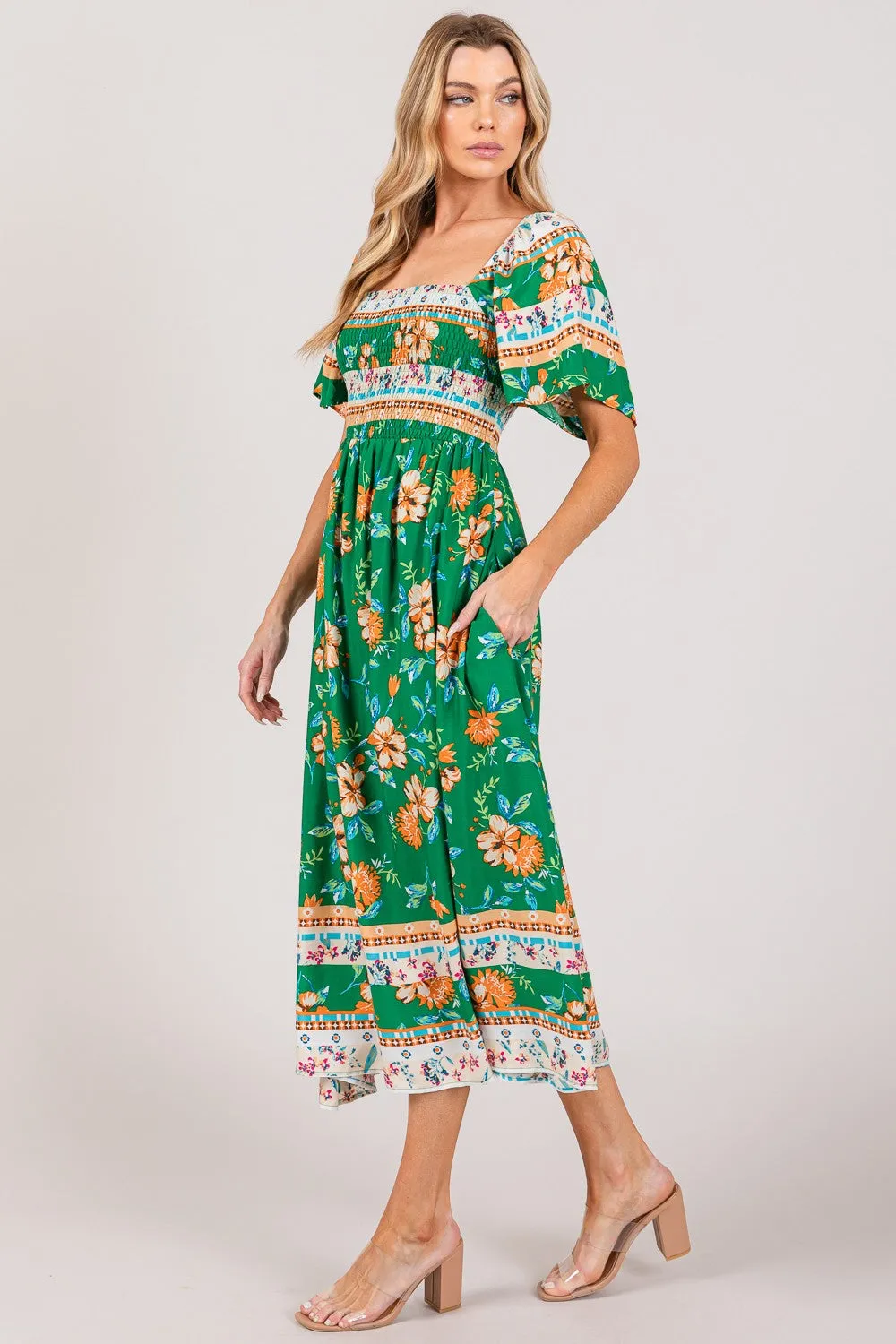 Sage Smocked Short Sleeve Midi Dress