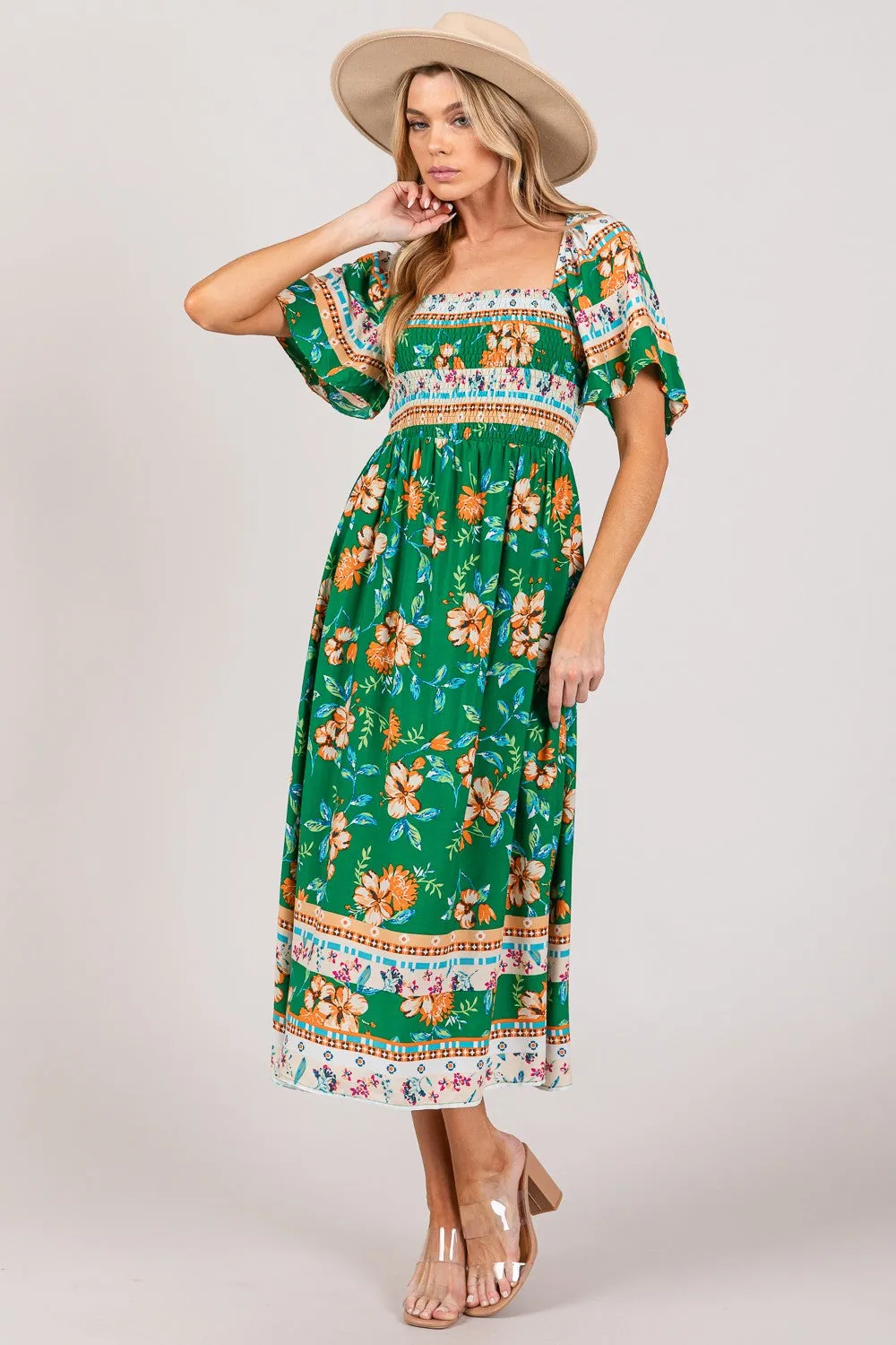 Sage Smocked Short Sleeve Midi Dress