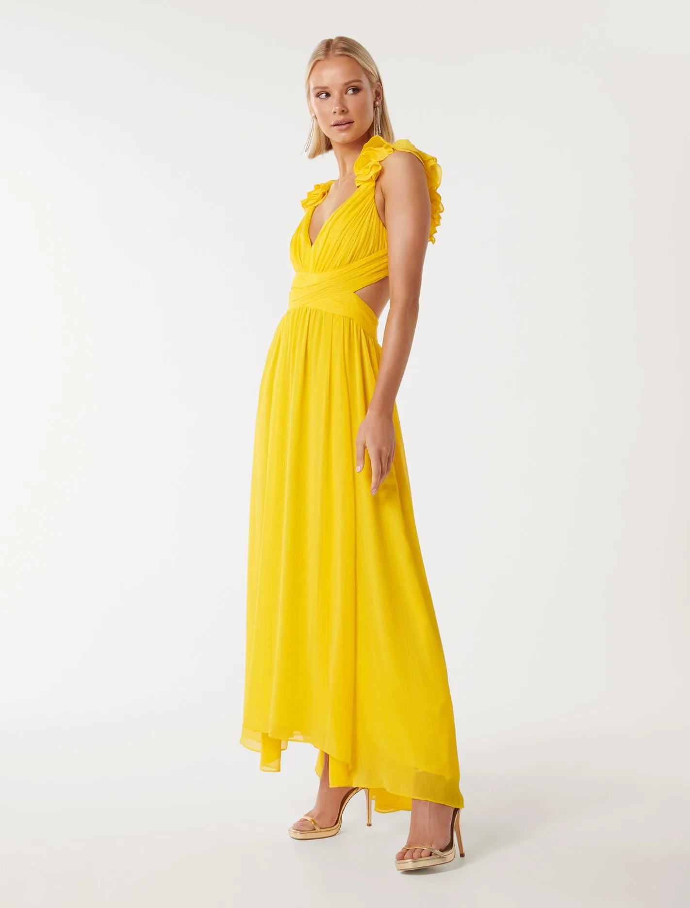 Selena Ruffle-Shoulder Maxi Dress