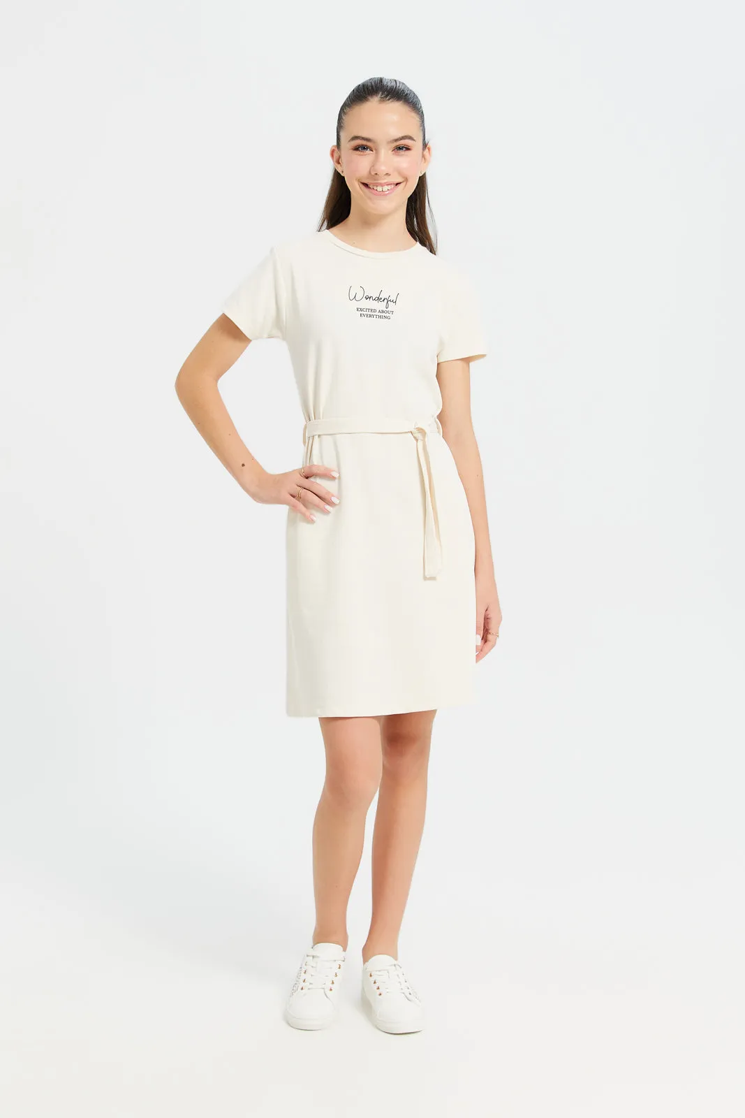 Senior Girls Ivory Basic Interlock Dress With Belt