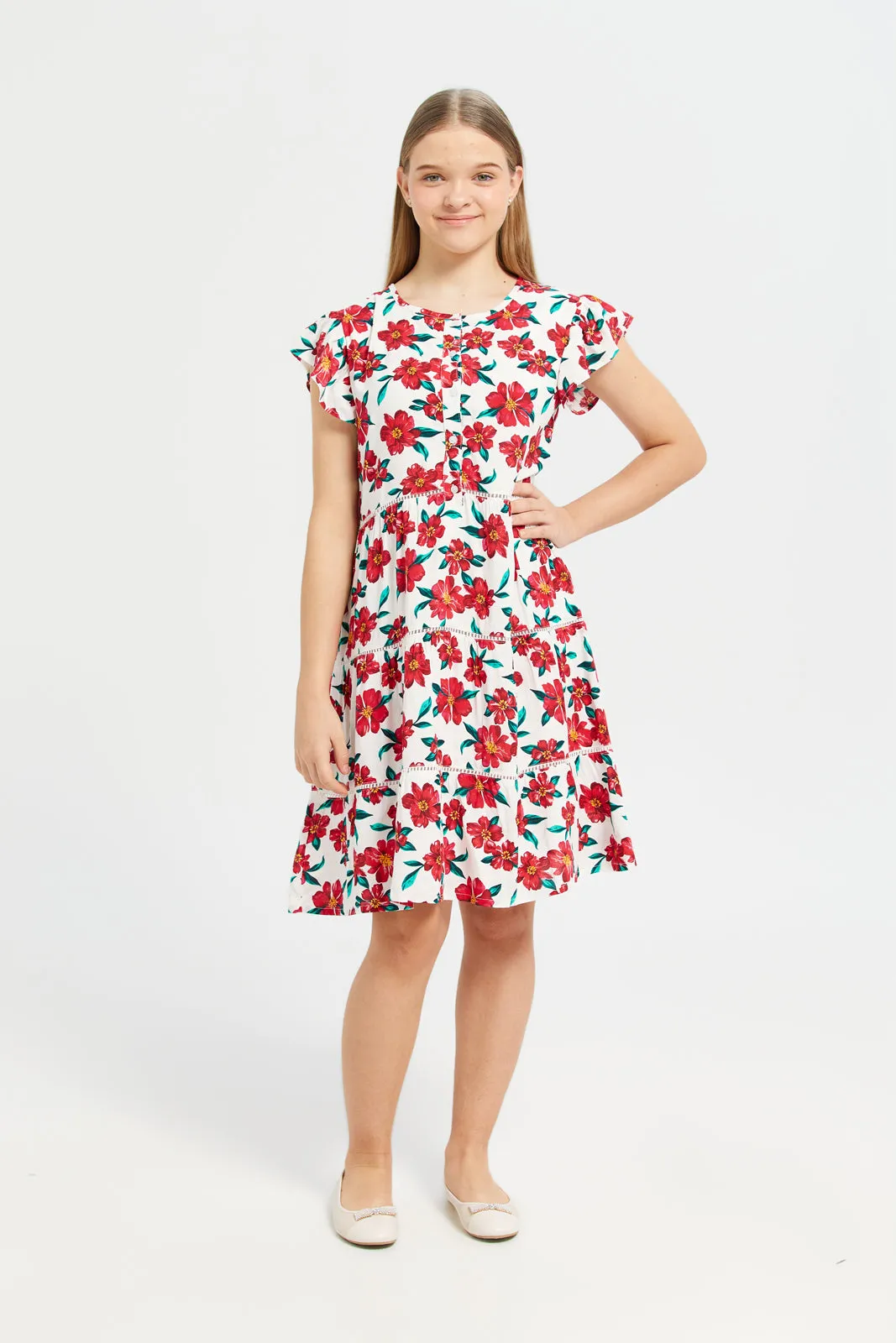 Senior Girls White And Red Floral Print Tiered Dress