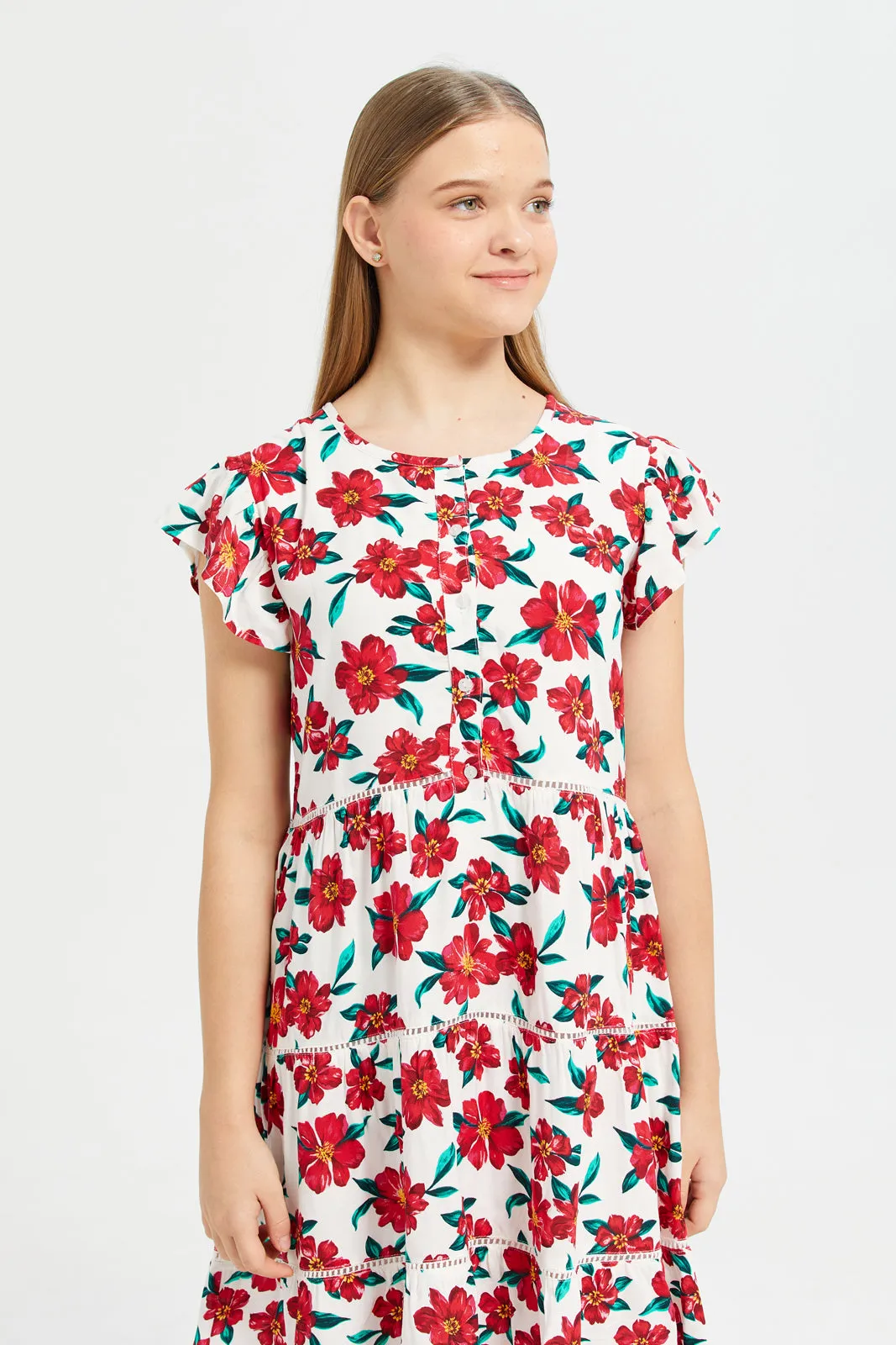 Senior Girls White And Red Floral Print Tiered Dress