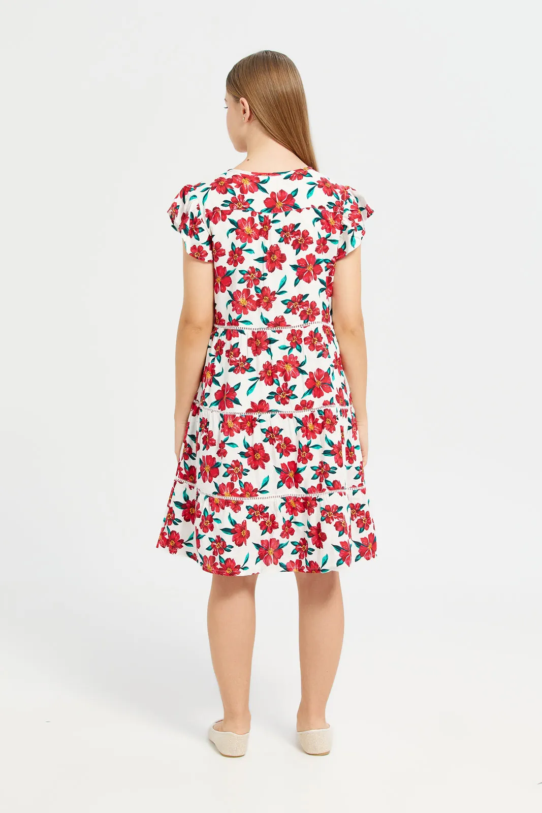 Senior Girls White And Red Floral Print Tiered Dress