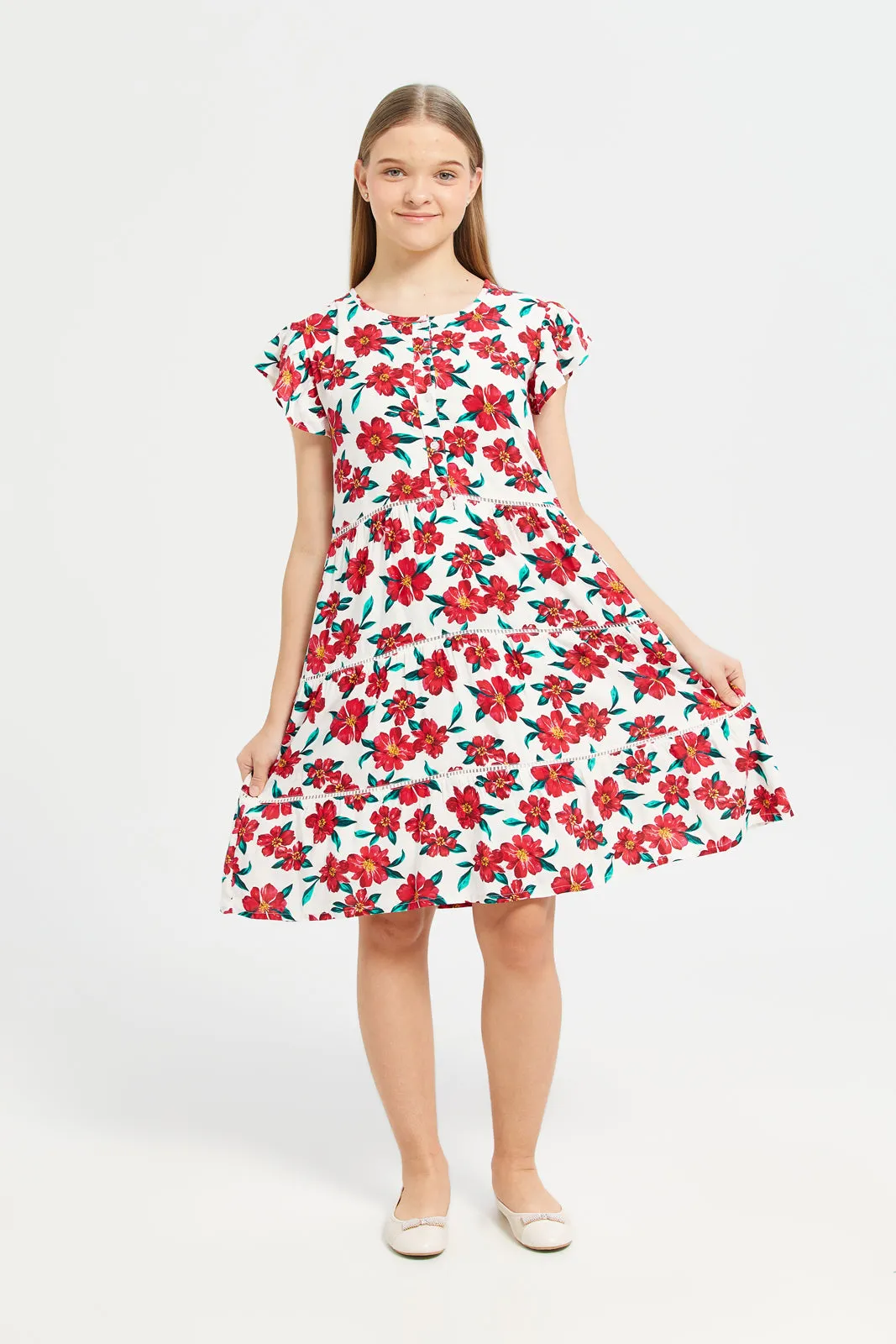 Senior Girls White And Red Floral Print Tiered Dress