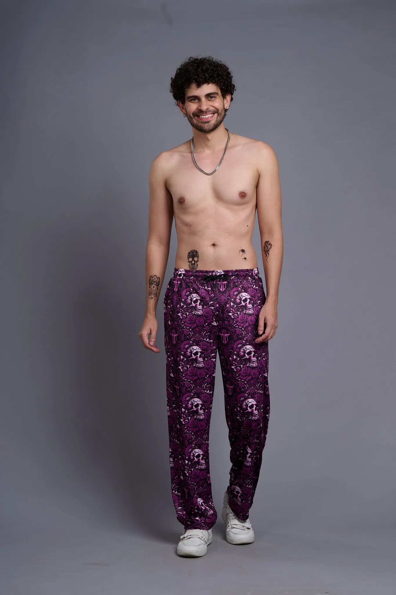 Skull and Rose Printed Purple Joggers for Men