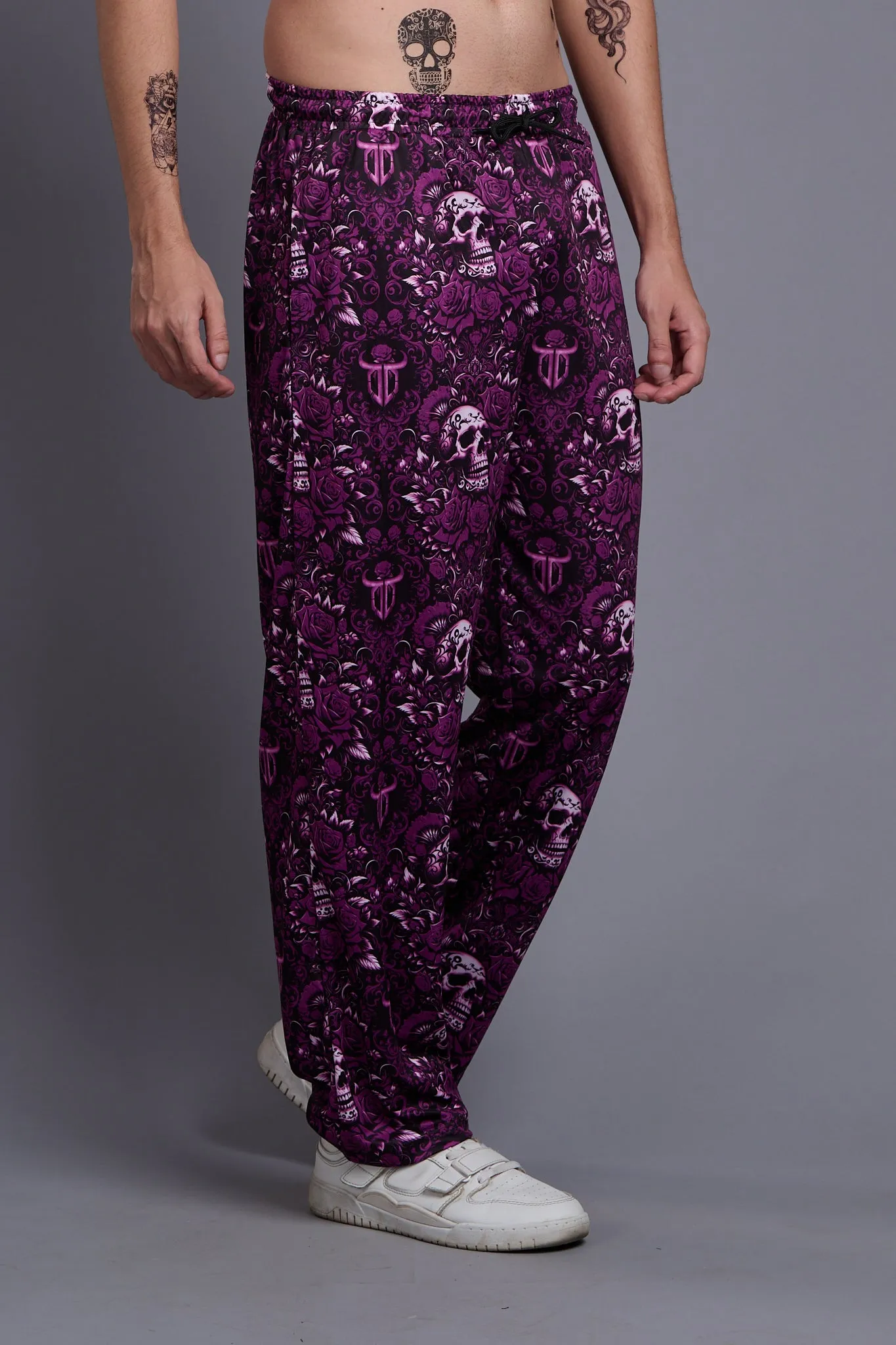 Skull and Rose Printed Purple Joggers for Men