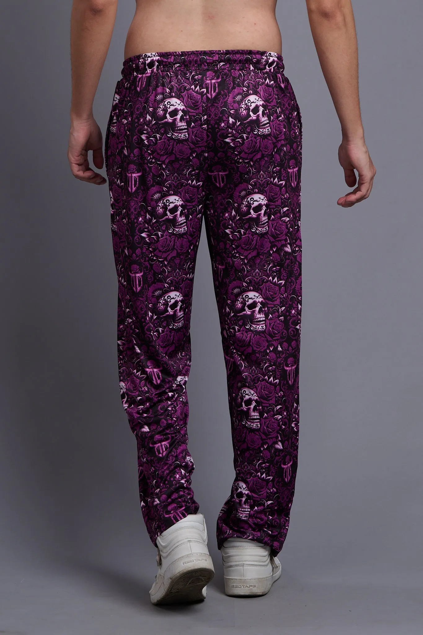 Skull and Rose Printed Purple Joggers for Men