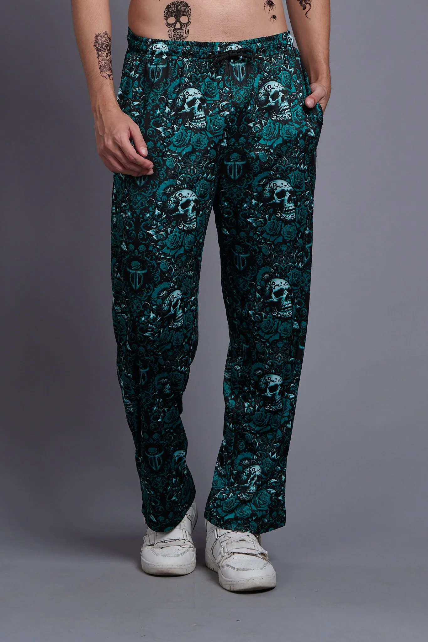 Skull with Rose Printed Green Joggers for Men