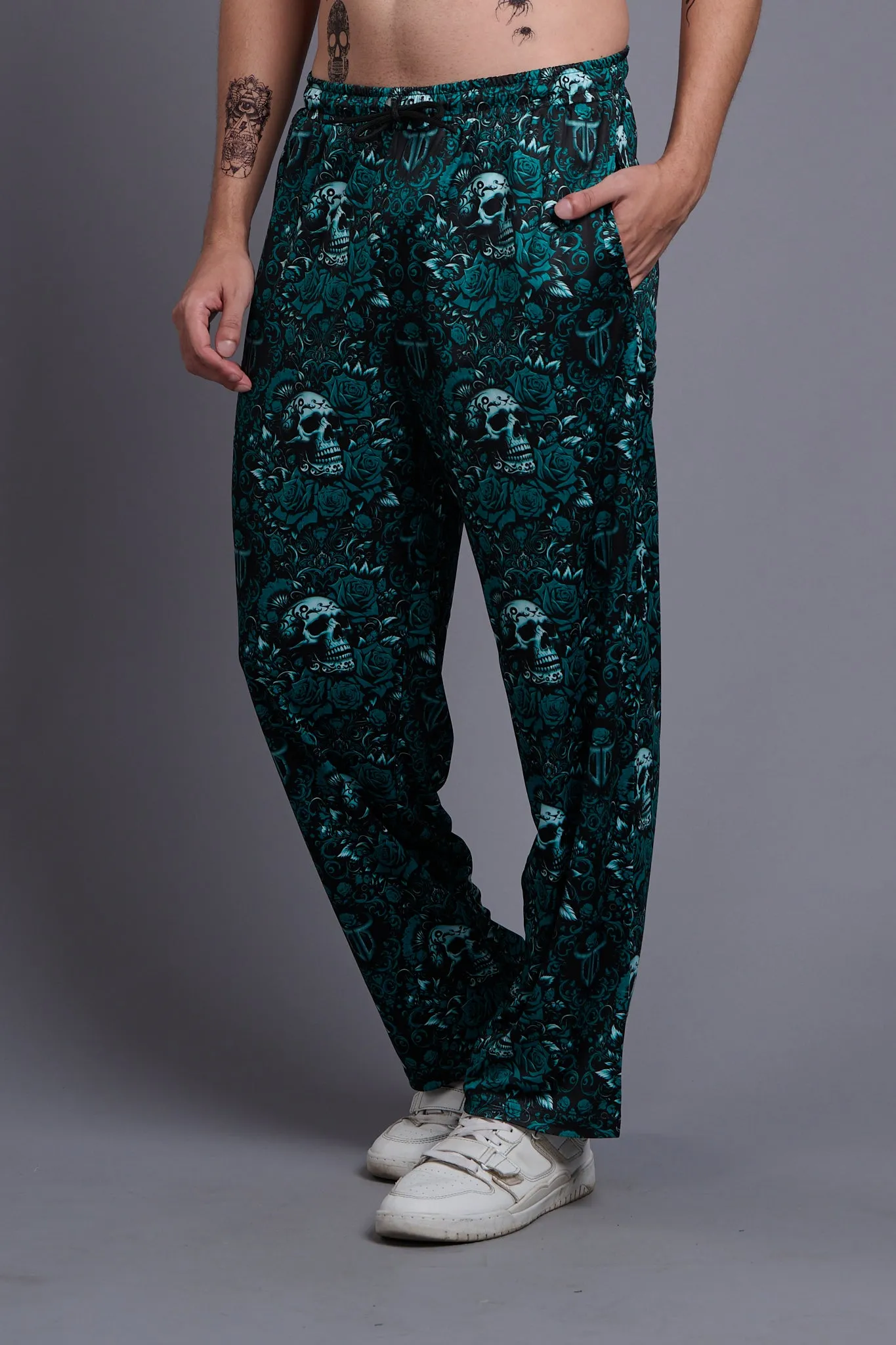 Skull with Rose Printed Green Joggers for Men