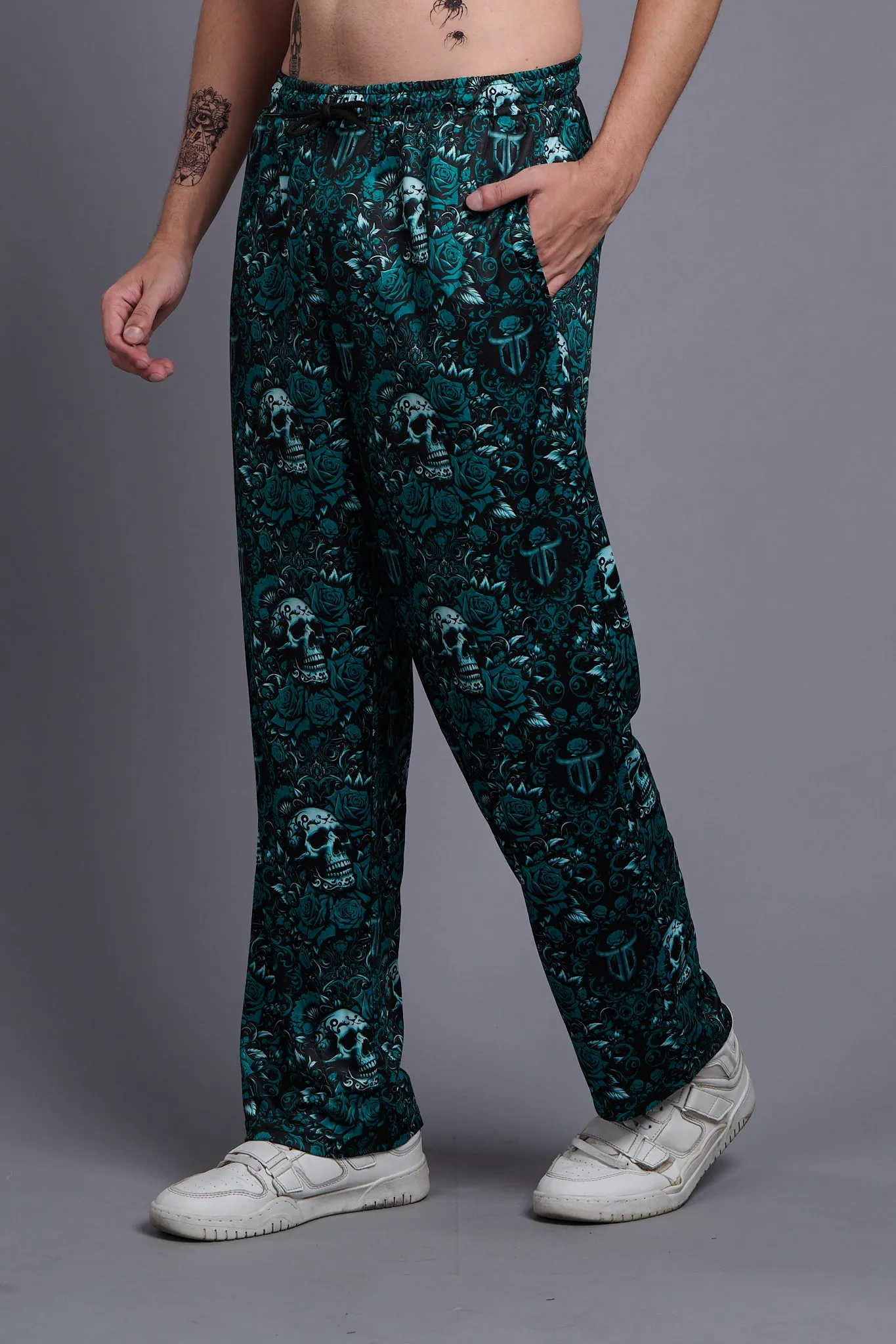 Skull with Rose Printed Green Joggers for Men