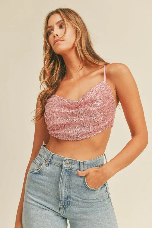 Sparkly Cowl Neck Open Back Crop Top with Sequins.