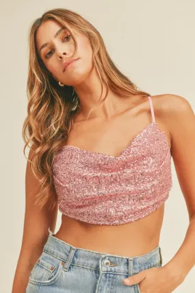 Sparkly Cowl Neck Open Back Crop Top with Sequins.