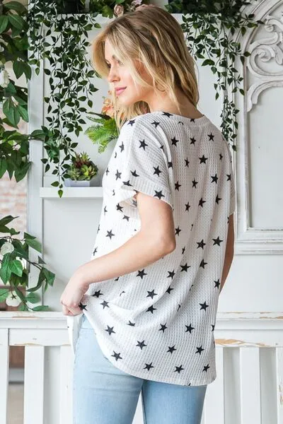 Star Print V-Neck Waffle Knit T-Shirt.