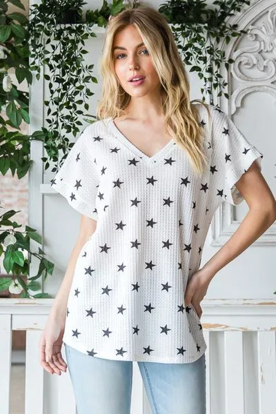 Star Print V-Neck Waffle Knit T-Shirt.