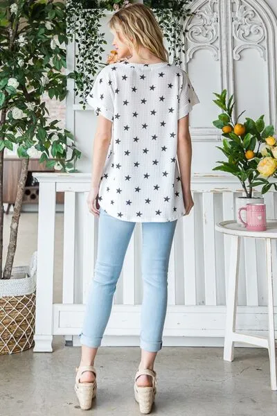 Star Print V-Neck Waffle Knit T-Shirt.