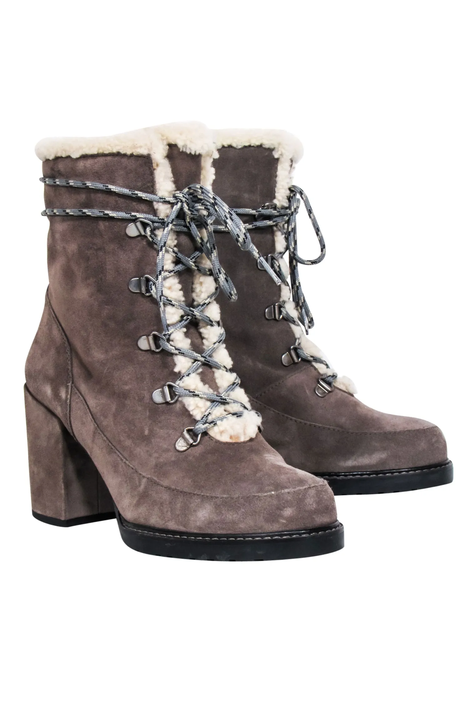 Stuart Weitzman - Grey Suede Lace Up Short Boots w/ Shearling Lining Sz 9