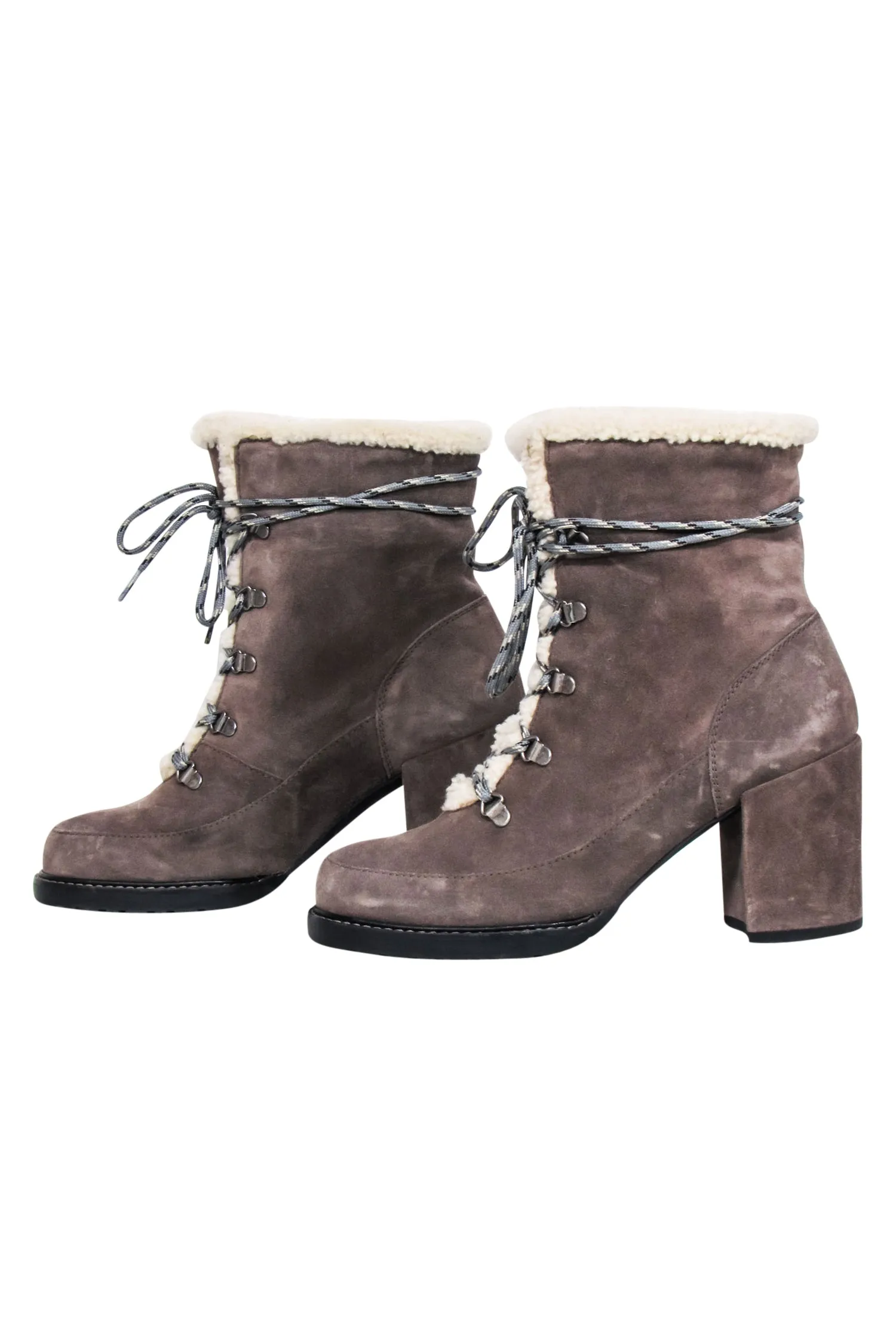 Stuart Weitzman - Grey Suede Lace Up Short Boots w/ Shearling Lining Sz 9