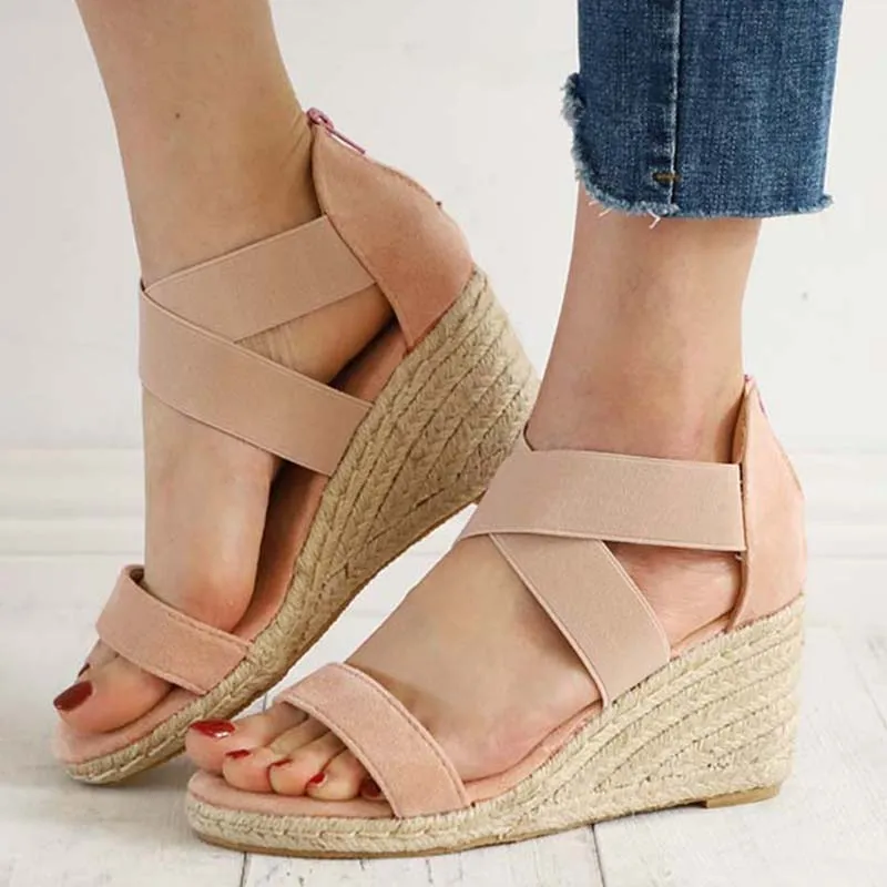 Summer Women's Peep Toe Wedge Sandals with Cross Elastic Strap