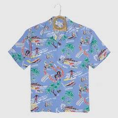 Sun Surf Hawai Rayon Palms & Hulasurfer Aloha Shirt