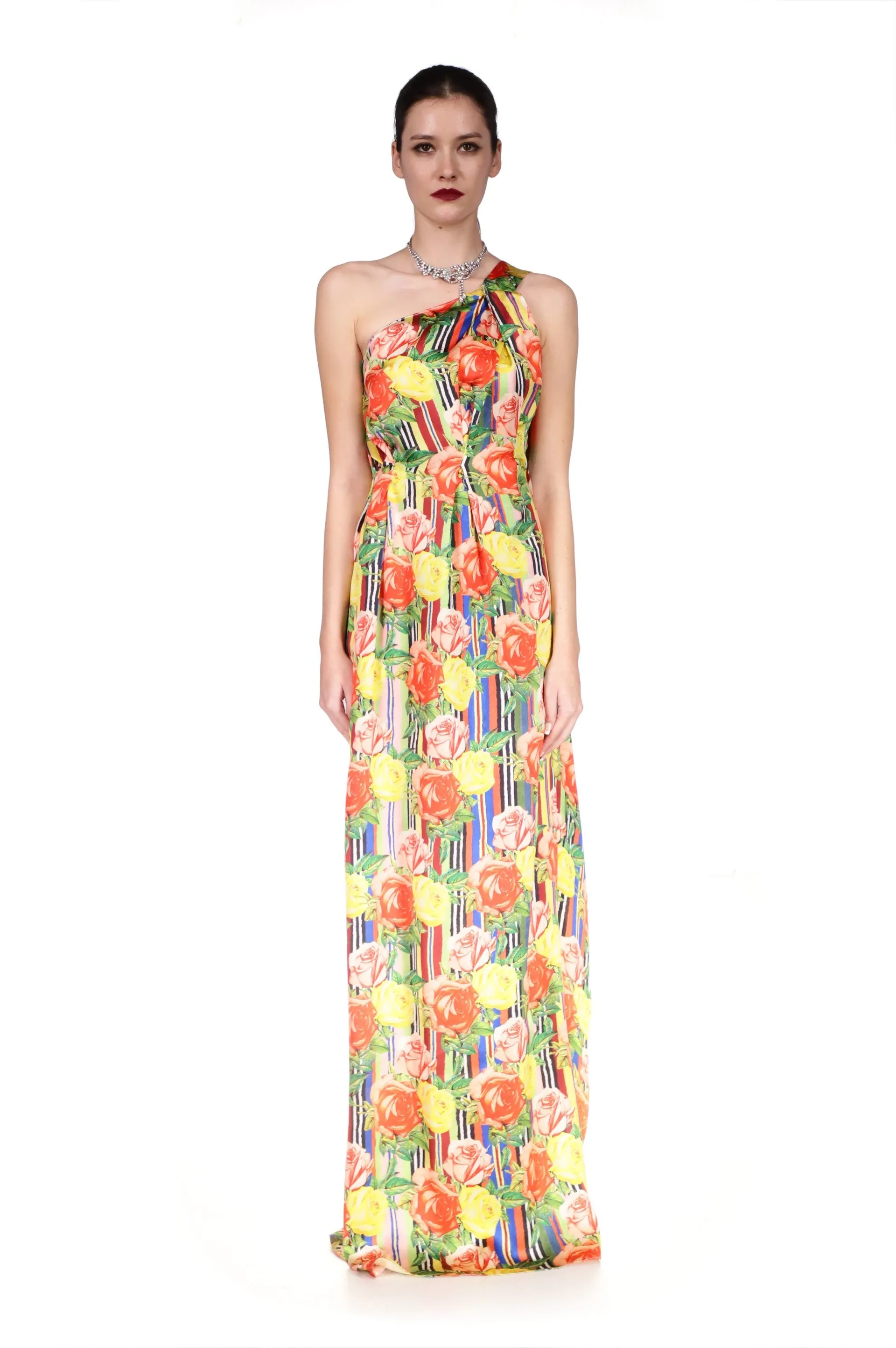 'Tequila Sunrise Roses' One Shoulder Gown