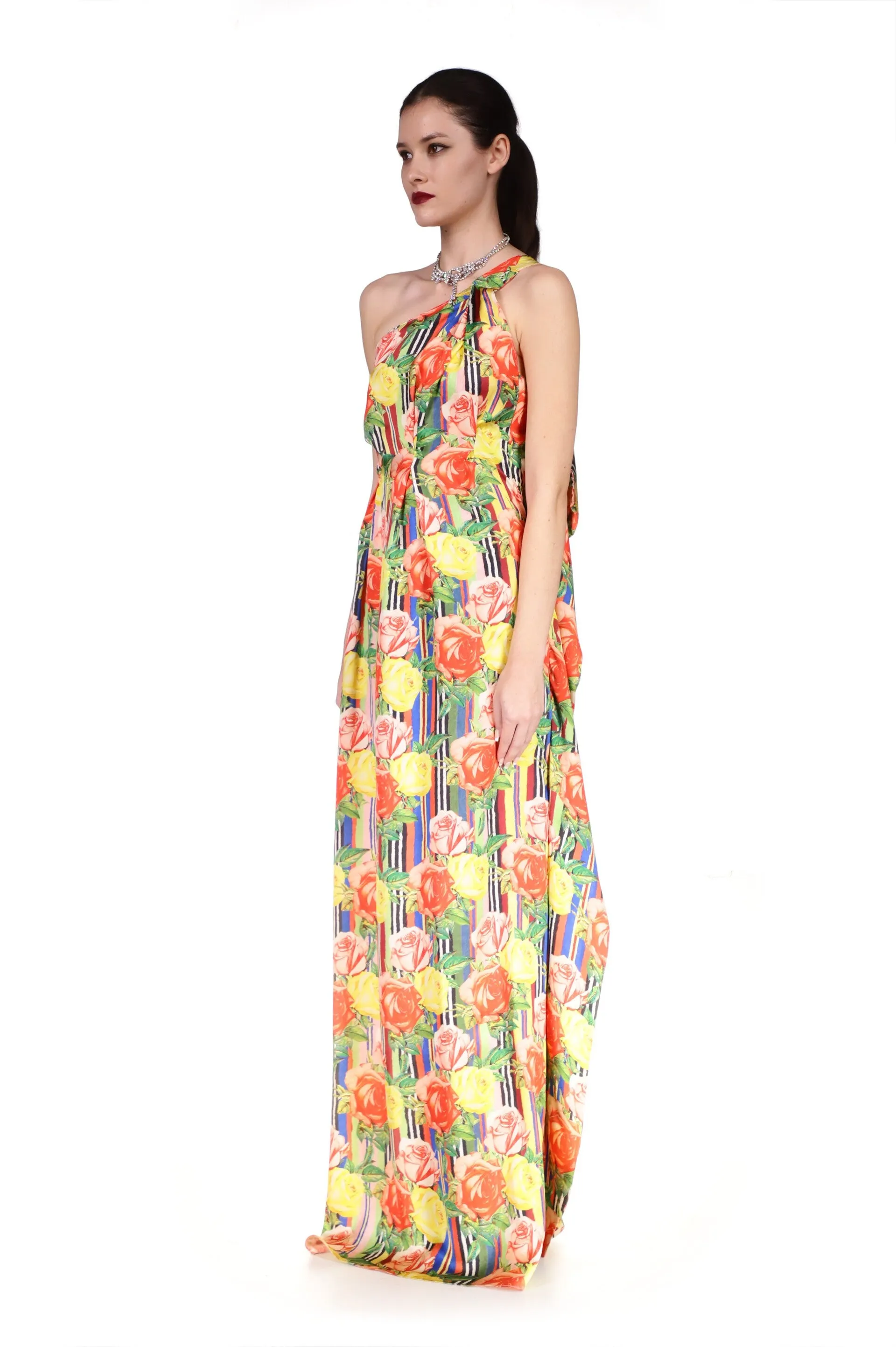 'Tequila Sunrise Roses' One Shoulder Gown