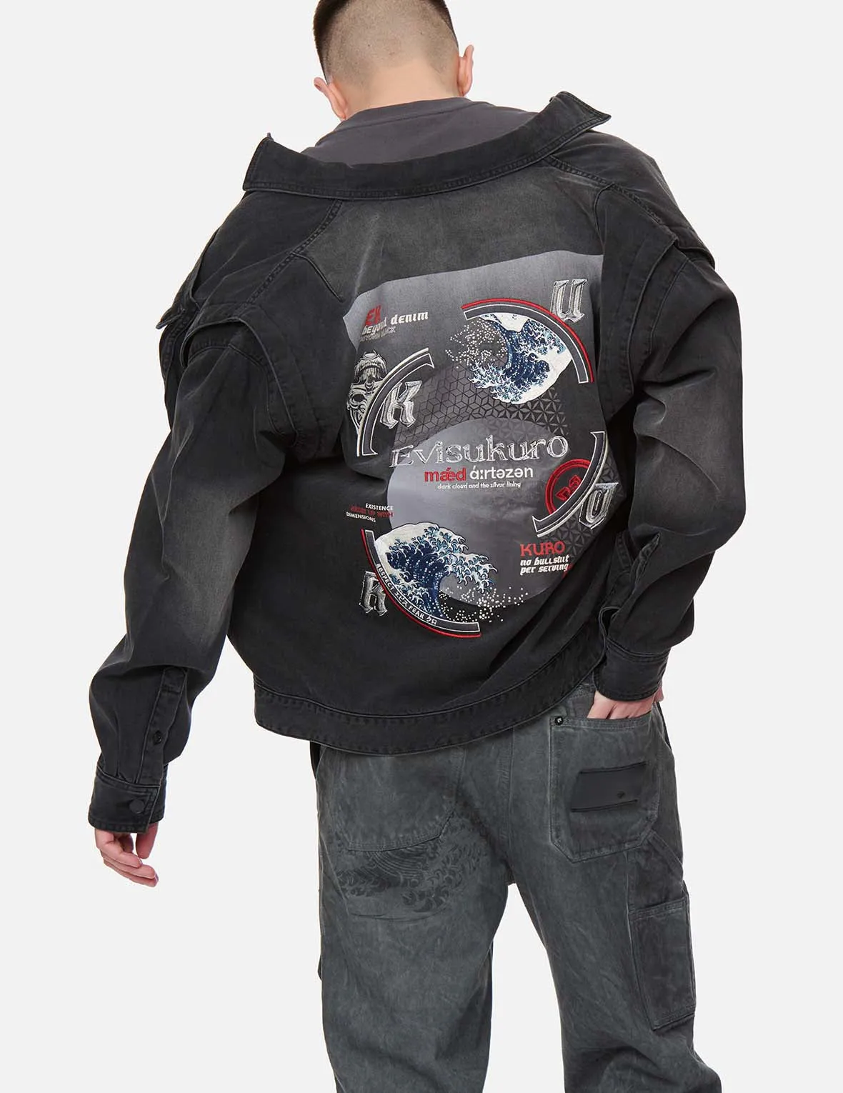 The Great Wave and Kamon Embroidery Denim Shirt Jacket