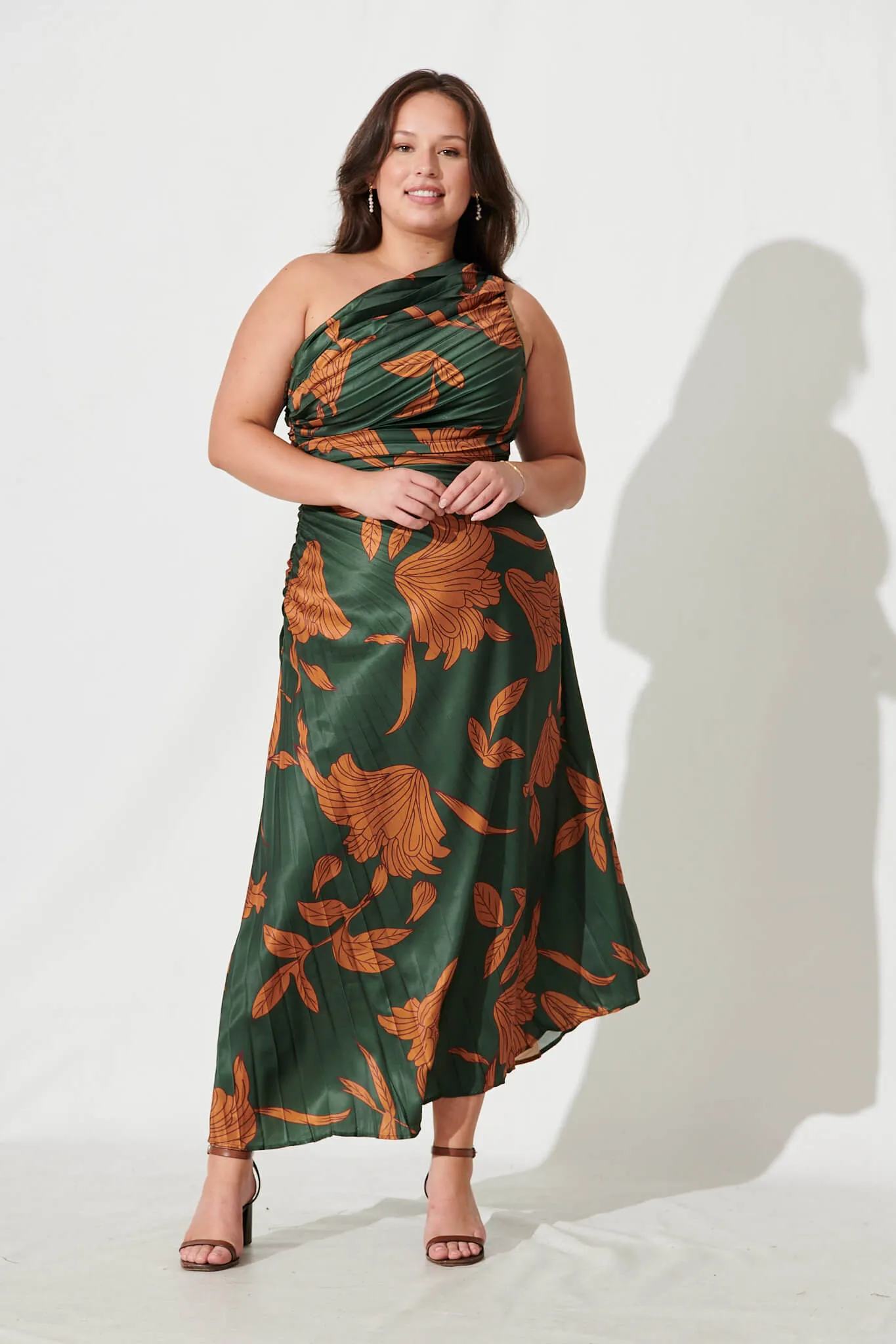 Toulon One Shoulder Maxi Dress In Khaki With Rust Leaf Print Pleated Satin