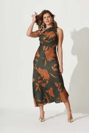 Toulon One Shoulder Maxi Dress In Khaki With Rust Leaf Print Pleated Satin