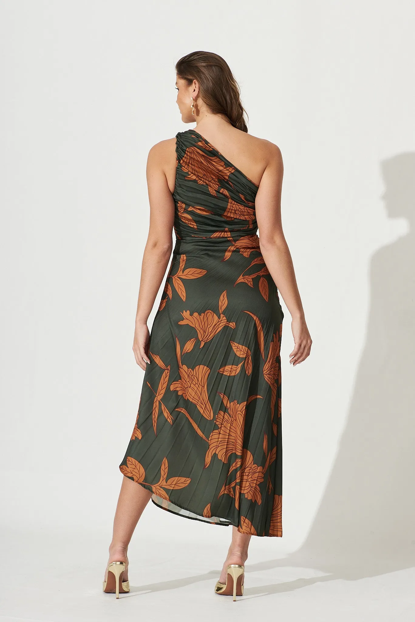 Toulon One Shoulder Maxi Dress In Khaki With Rust Leaf Print Pleated Satin