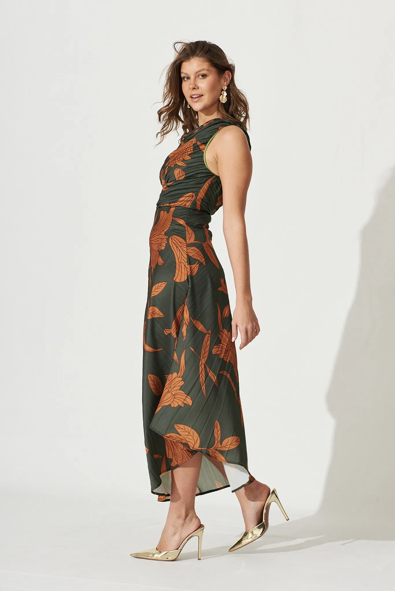 Toulon One Shoulder Maxi Dress In Khaki With Rust Leaf Print Pleated Satin