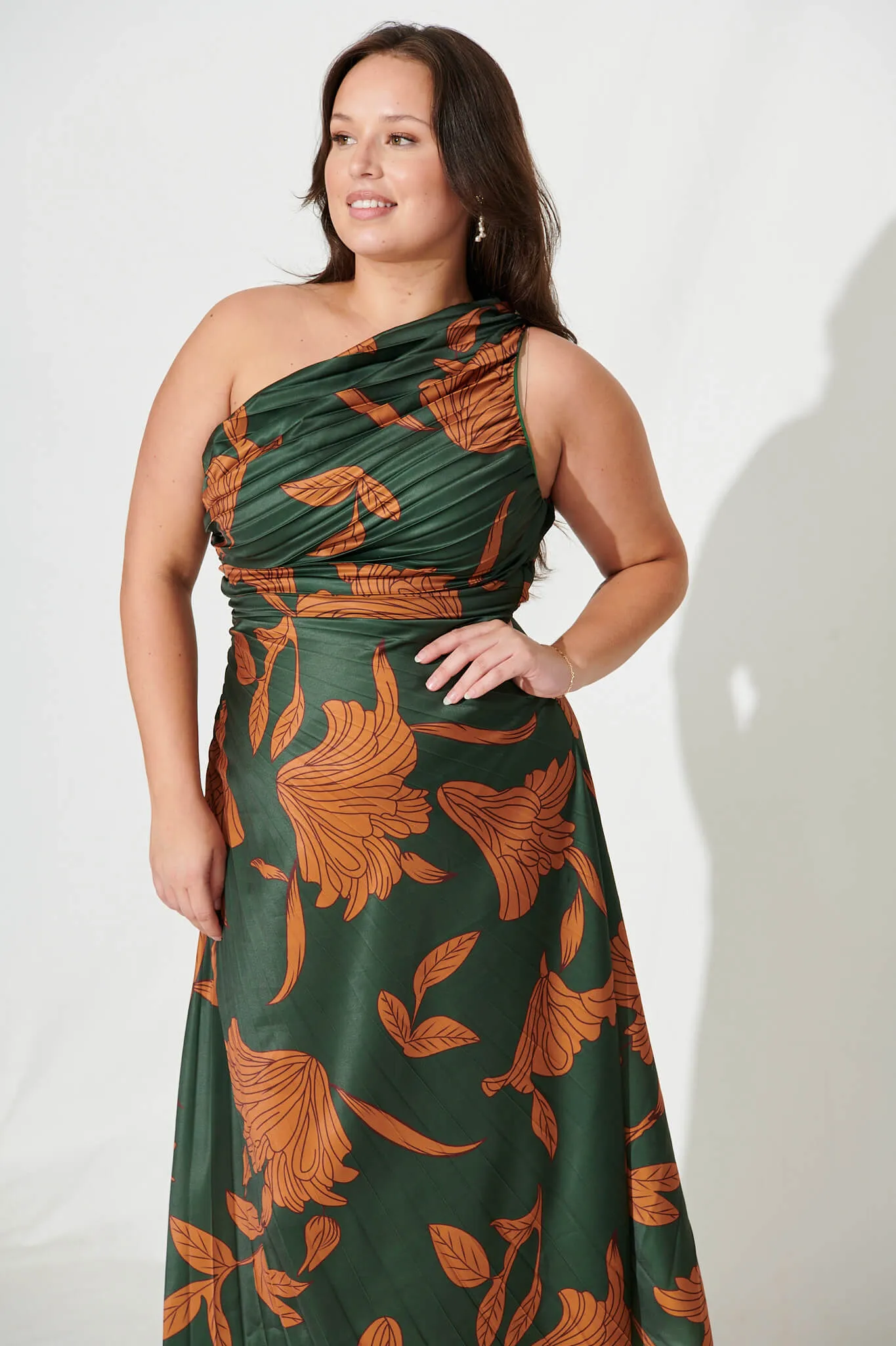 Toulon One Shoulder Maxi Dress In Khaki With Rust Leaf Print Pleated Satin